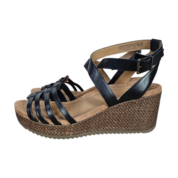 Vionic Clarisa Wedge Sandals Sz 11 Wide Raffia Leather Ankle Strap Black Buckle - Picture 3 of 12